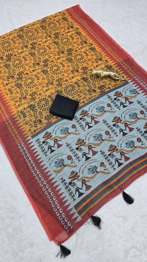 Mustard_Yellow_Linen_Printed_Saree_with_Traditional_Tribal_Pallu