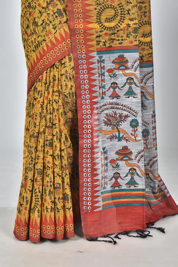 Mustard_Yellow_Linen_Printed_Saree_with_Traditional_Tribal_Pallu