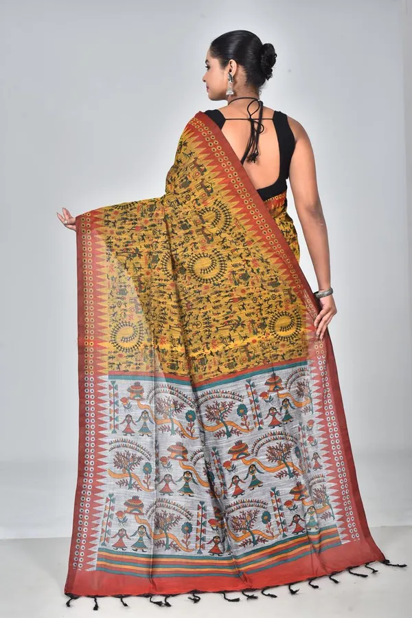 Mustard_Yellow_Linen_Printed_Saree_with_Traditional_Tribal_Pallu