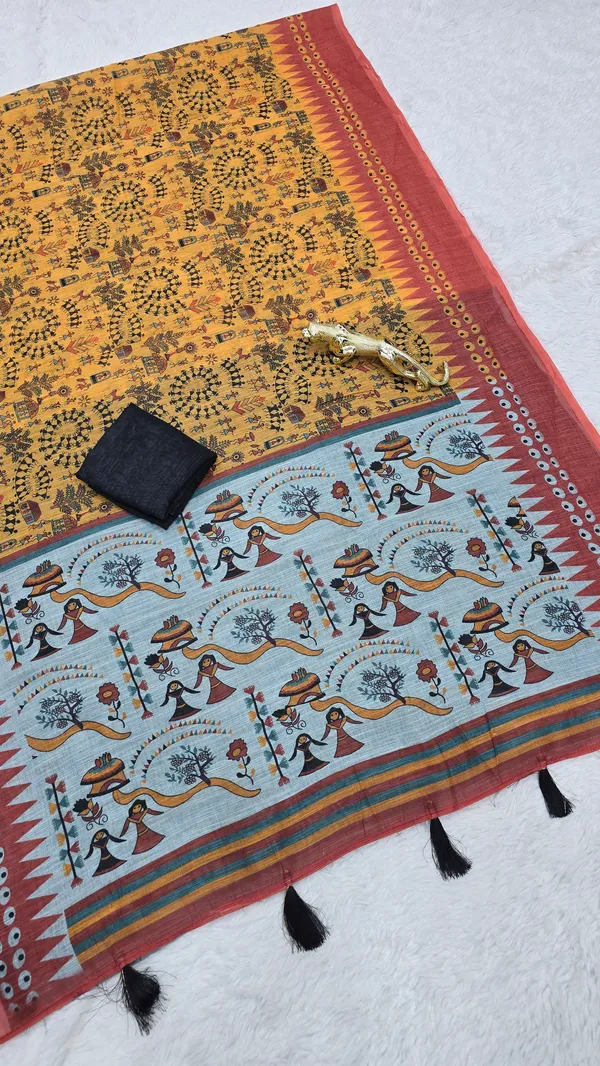 Mustard_Yellow_Linen_Printed_Saree_with_Traditional_Tribal_Pallu