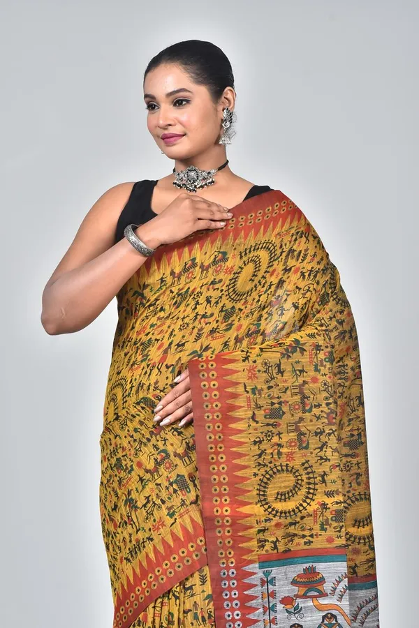 Mustard_Yellow_Linen_Printed_Saree_with_Traditional_Tribal_Pallu