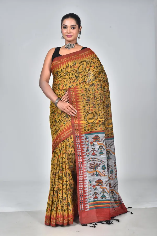 Mustard_Yellow_Linen_Printed_Saree_with_Traditional_Tribal_Pallu