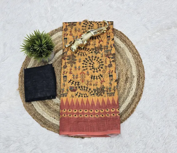 Mustard_Yellow_Linen_Printed_Saree_with_Traditional_Tribal_Pallu