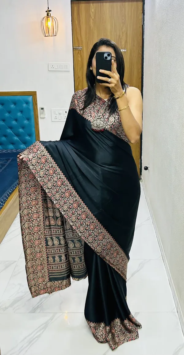 Black_Satin_Silk_Saree_for_Women_|_Ajrakh_Floral_Printed_Saree_with_Tassel_Pallu_|_Festive_&_Party_Wear_Saree