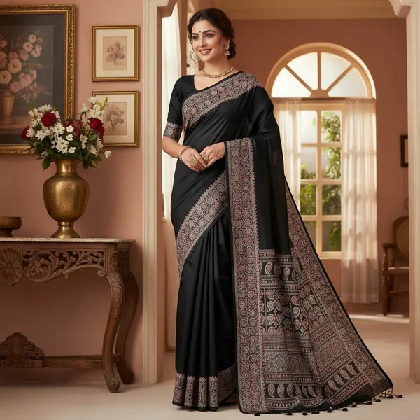 Black_Satin_Silk_Saree_for_Women_|_Ajrakh_Floral_Printed_Saree_with_Tassel_Pallu_|_Festive_&_Party_Wear_Saree