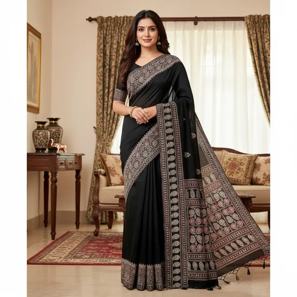 Black_Satin_Silk_Saree_for_Women_|_Ajrakh_Floral_Printed_Saree_with_Tassel_Pallu_|_Festive_&_Party_Wear_Saree