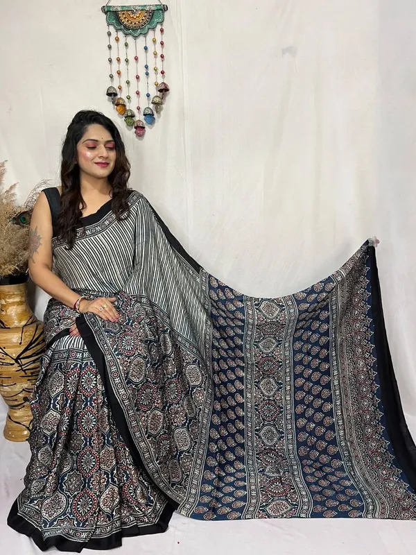 Black_&_Ivory_Ajrakh_Modal_Silk_Saree_with_Traditional_Handcrafted_Print