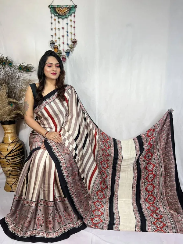 Beige_&_Brown_Ajrakh_Modal_Silk_Saree_with_Timeless_Traditional_Print