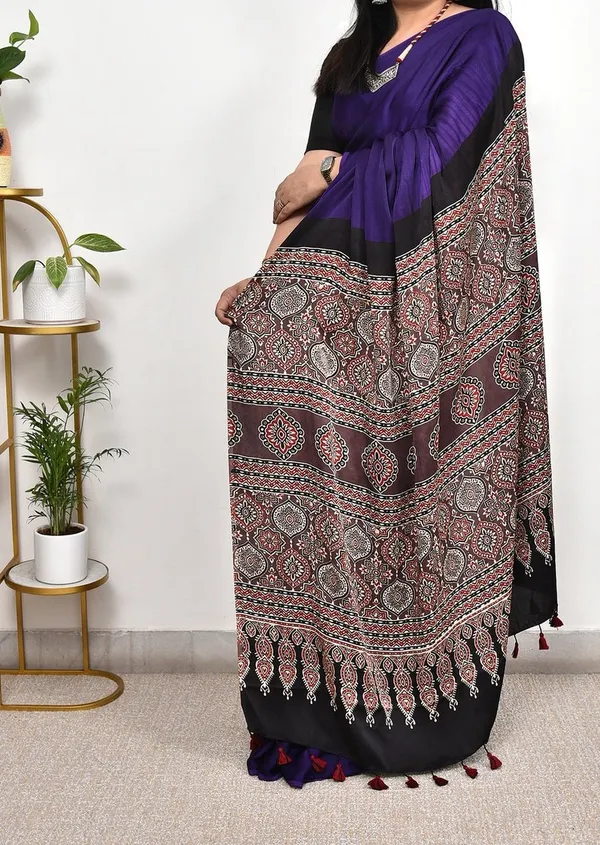 Royal_Blue_Satin_Silk_Ajrakh_Handblock_Modal_Saree_with_Blouse_Piece