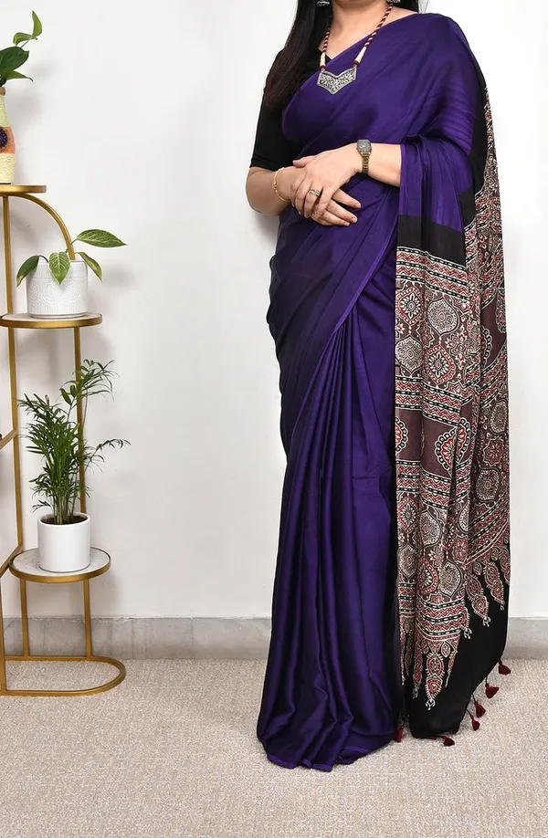 Royal_Blue_Satin_Silk_Ajrakh_Handblock_Modal_Saree_with_Blouse_Piece