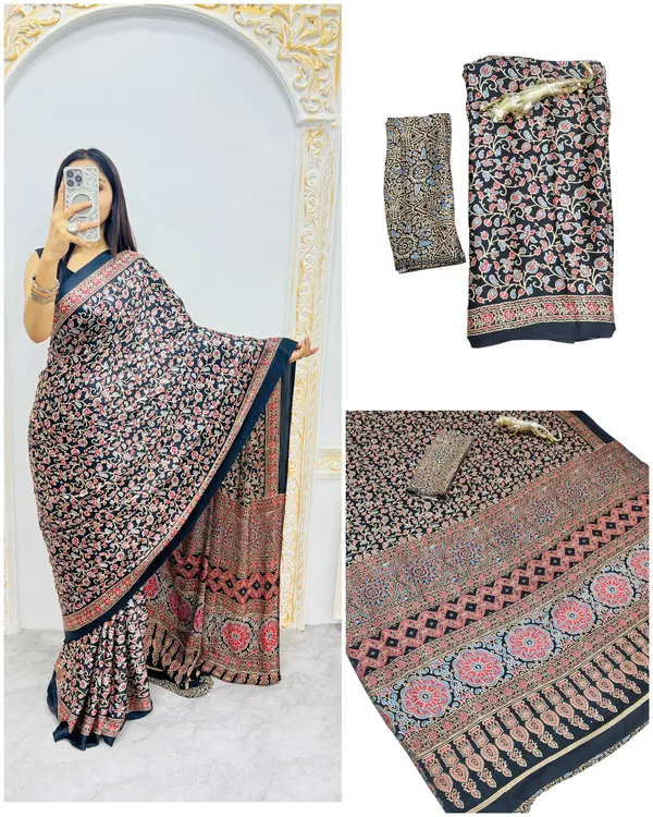 Black_Ajrakh_Printed_Silk_Saree