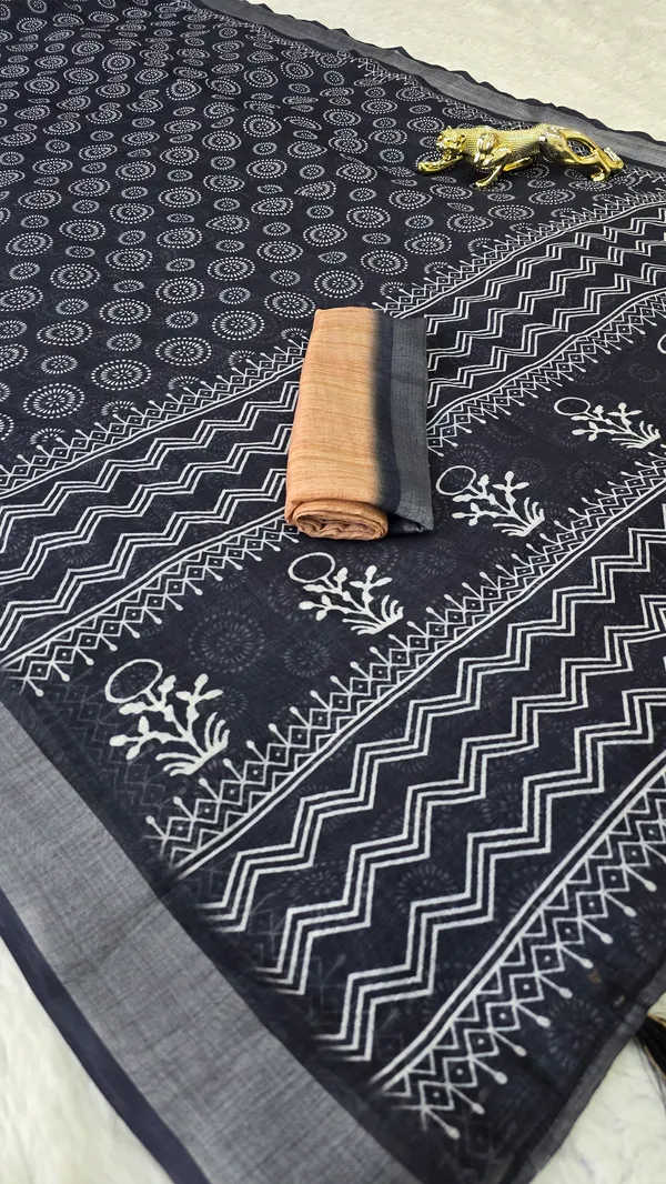 Black_Linen_Printed_Saree_with_Traditional_Saree_for_Women