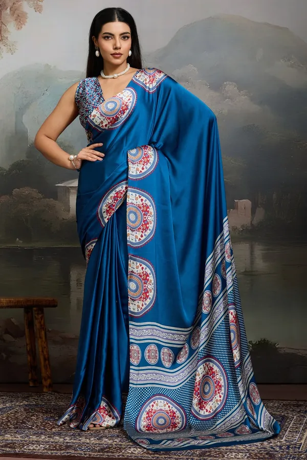 Blue_Modal_Ajrakh_Printed_Silk_Saree_New_Collection