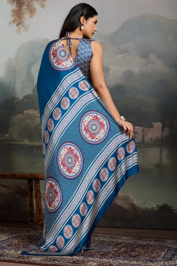 Blue_Modal_Ajrakh_Printed_Silk_Saree_New_Collection