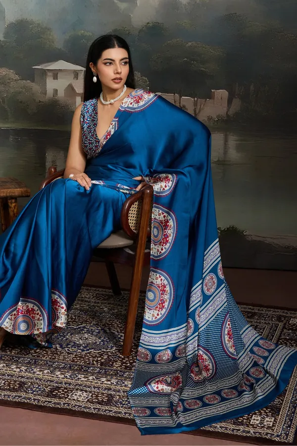 Blue_Modal_Ajrakh_Printed_Silk_Saree_New_Collection