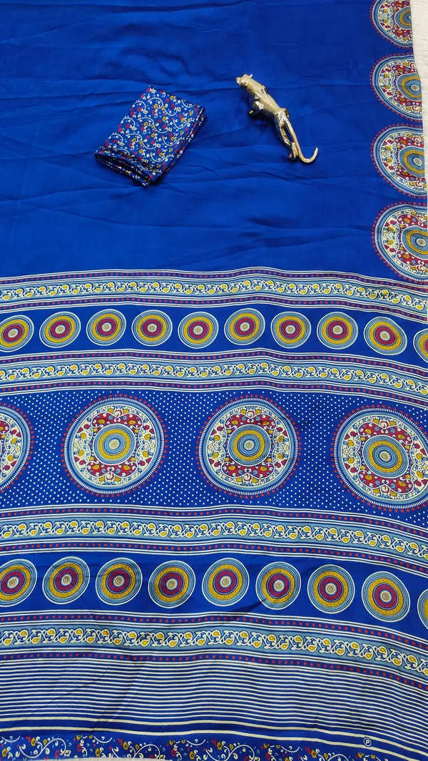 Blue_Modal_Ajrakh_Printed_Silk_Saree_New_Collection