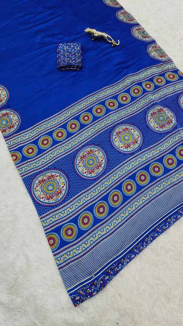 Blue_Modal_Ajrakh_Printed_Silk_Saree_New_Collection