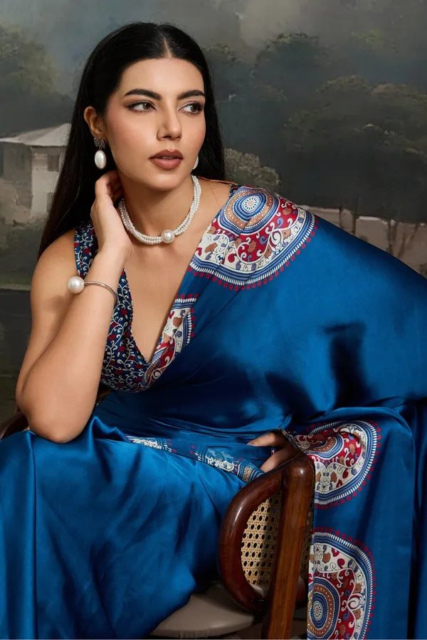 Blue_Modal_Ajrakh_Printed_Silk_Saree_New_Collection