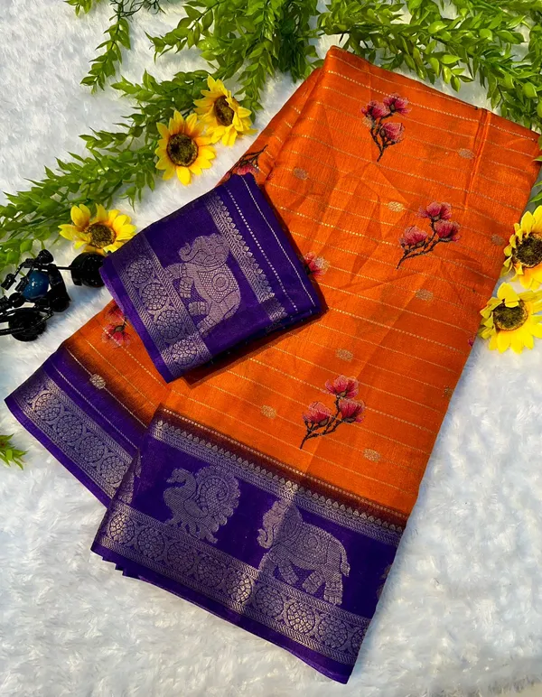 Soft_Silk_Saree_with_Peacock_Digital_Pallu_and_Elephant_Zari_Border_|_Orange_and_Purple_Partywear_&_Festive_Saree
