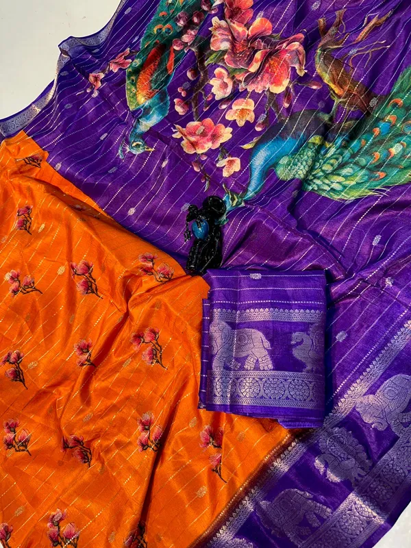 Soft_Silk_Saree_with_Peacock_Digital_Pallu_and_Elephant_Zari_Border_|_Orange_and_Purple_Partywear_&_Festive_Saree
