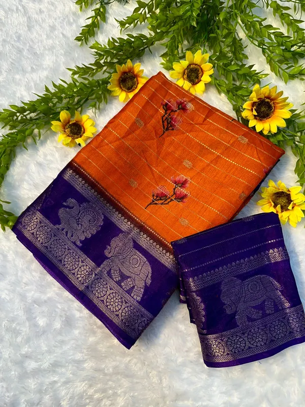 Soft_Silk_Saree_with_Peacock_Digital_Pallu_and_Elephant_Zari_Border_|_Orange_and_Purple_Partywear_&_Festive_Saree