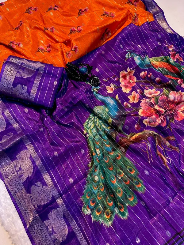 Soft_Silk_Saree_with_Peacock_Digital_Pallu_and_Elephant_Zari_Border_|_Orange_and_Purple_Partywear_&_Festive_Saree
