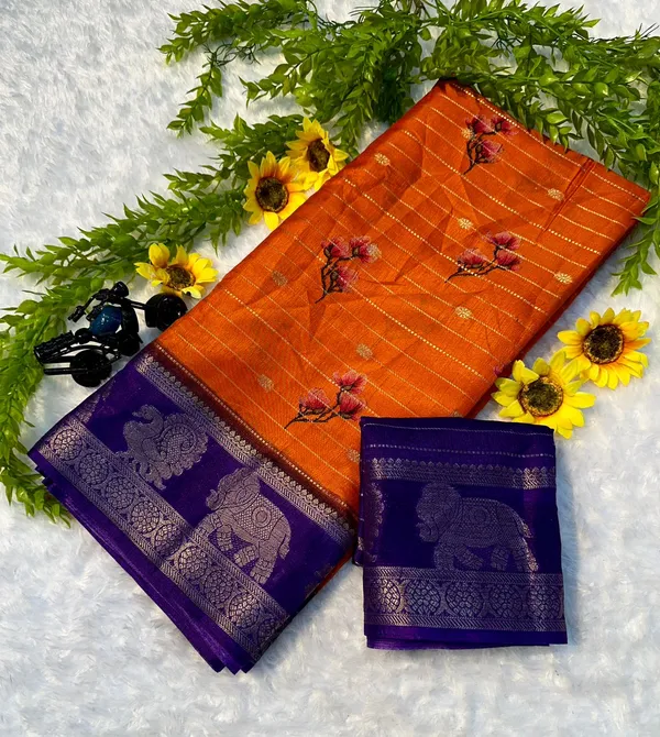 Soft_Silk_Saree_with_Peacock_Digital_Pallu_and_Elephant_Zari_Border_|_Orange_and_Purple_Partywear_&_Festive_Saree