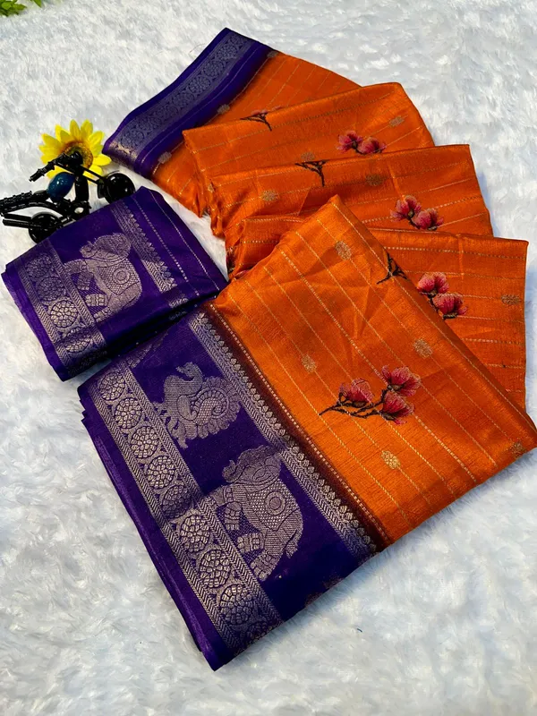 Soft_Silk_Saree_with_Peacock_Digital_Pallu_and_Elephant_Zari_Border_|_Orange_and_Purple_Partywear_&_Festive_Saree