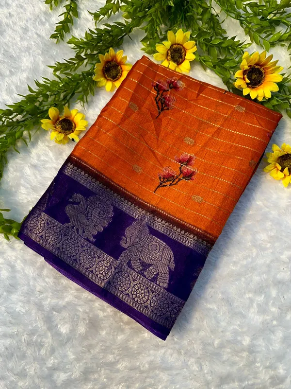 Soft_Silk_Saree_with_Peacock_Digital_Pallu_and_Elephant_Zari_Border_|_Orange_and_Purple_Partywear_&_Festive_Saree