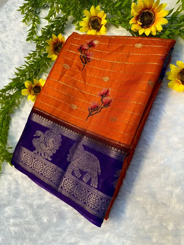 Soft_Silk_Saree_with_Peacock_Digital_Pallu_and_Elephant_Zari_Border_|_Orange_and_Purple_Partywear_&_Festive_Saree