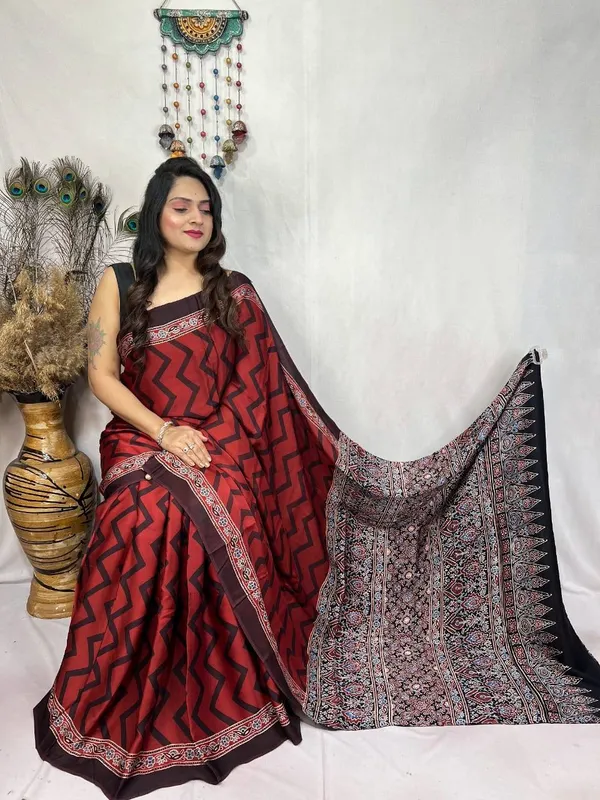 Red_Ajrakh_Modal_Silk_Saree_with_Zigzag_Pattern_and_Designer_Pallu