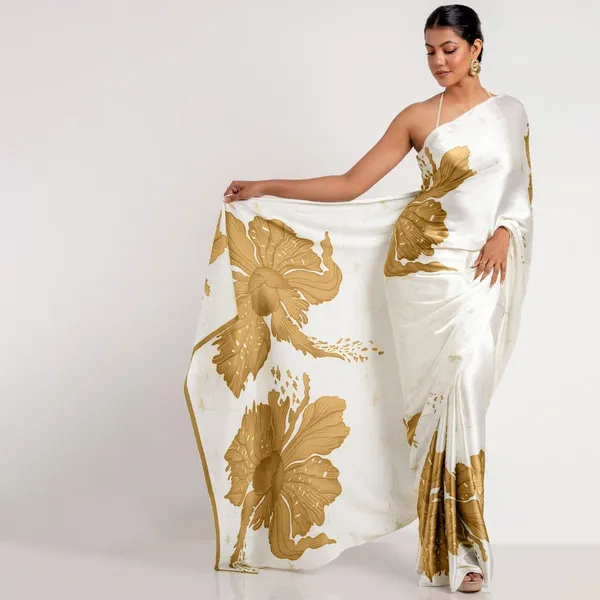 White_&_Gold_Floral_Print_Saree_�_Elegant_Festive_&_Occasion_Wear