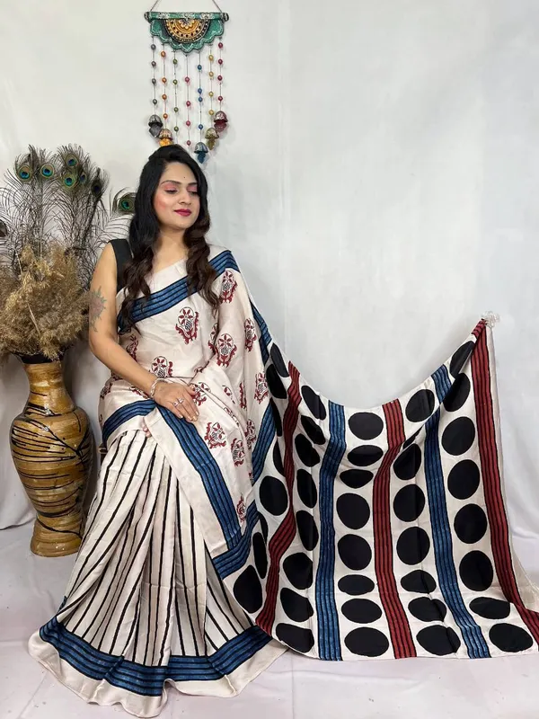 Designer_Ajrakh_Modal_Silk_Saree_with_Polka_Dot_Print_|_Luxury_Handcrafted_Saree