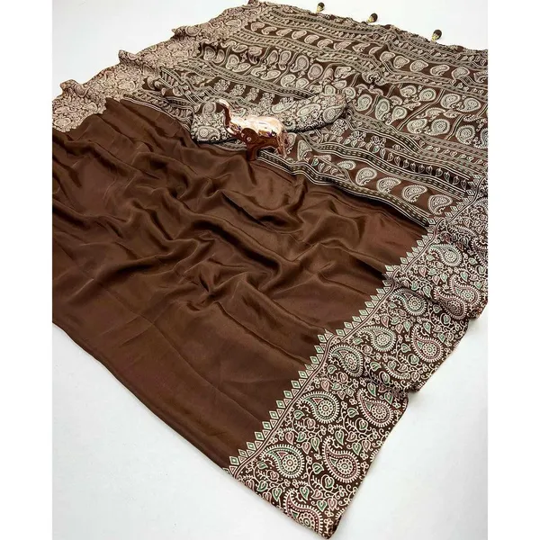 Brown_Ajrakh_Print_Satin_Saree_with_Blouse_Piece_|_Beautiful_Floral_Printed_Saree_for_Wedding_&_Festive_Wear