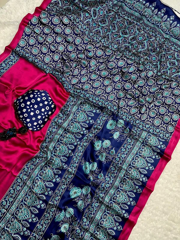 Blue_Ajrakh_Satin_Crepe_Saree_with_Pink_Border