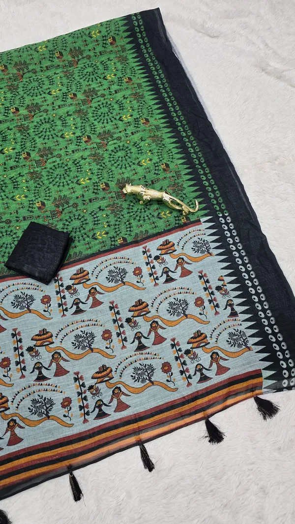Premium_Green_Linen_Printed_Saree_with_Tribal_Art_Pallu