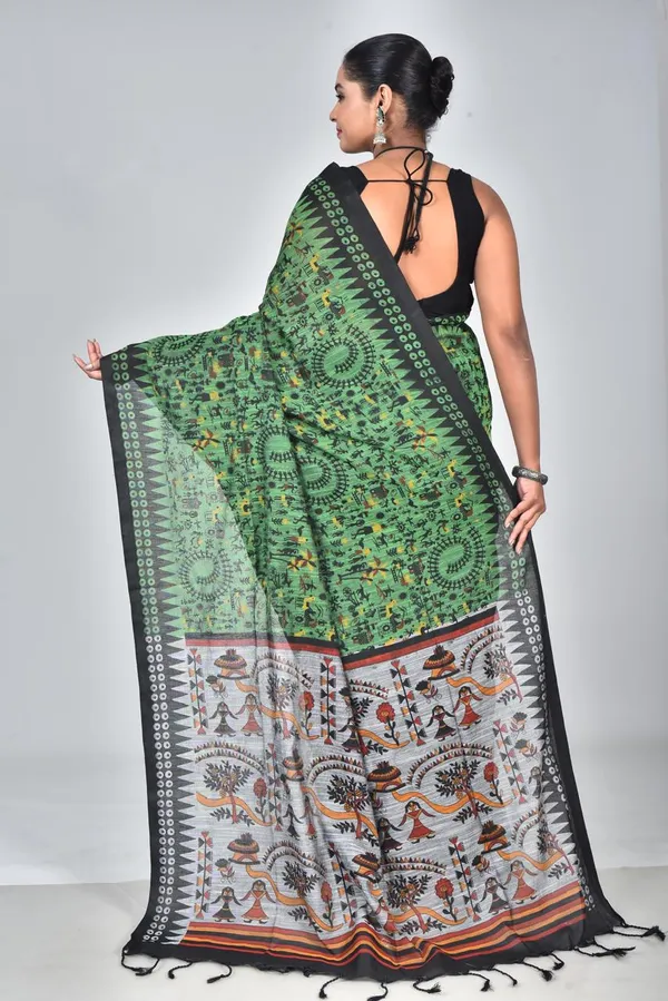 Premium_Green_Linen_Printed_Saree_with_Tribal_Art_Pallu