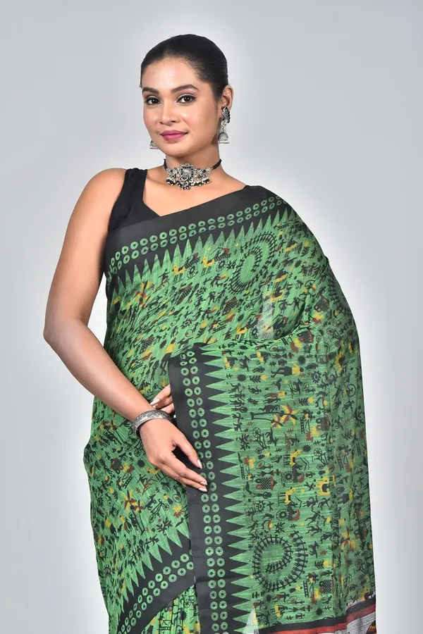 Premium_Green_Linen_Printed_Saree_with_Tribal_Art_Pallu