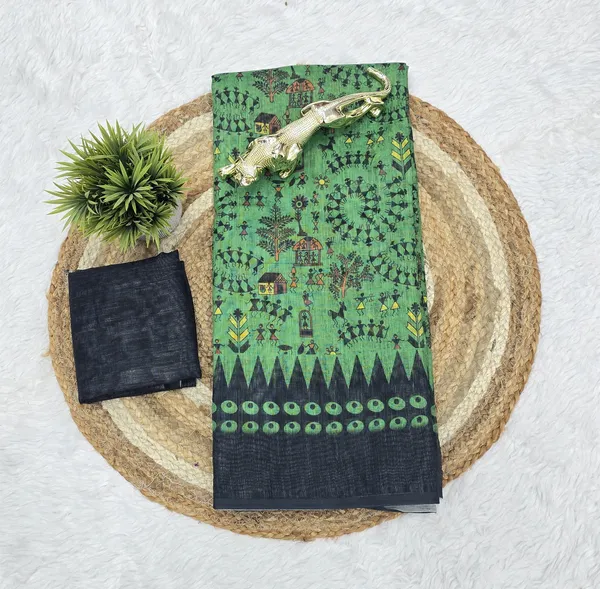 Premium_Green_Linen_Printed_Saree_with_Tribal_Art_Pallu