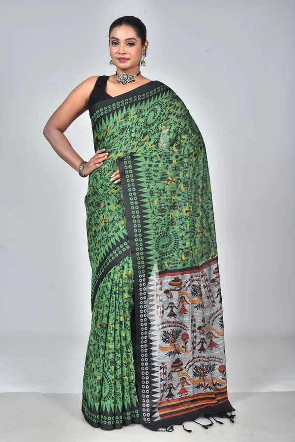 Premium_Green_Linen_Printed_Saree_with_Tribal_Art_Pallu
