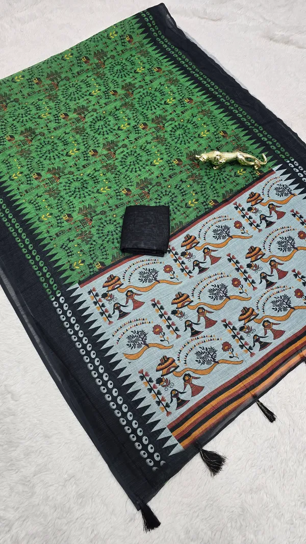 Premium_Green_Linen_Printed_Saree_with_Tribal_Art_Pallu