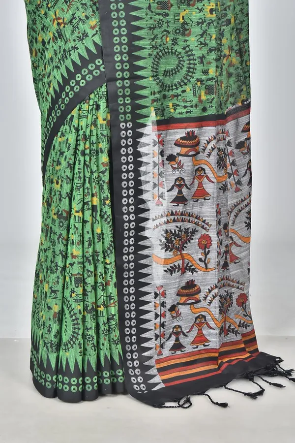 Premium_Green_Linen_Printed_Saree_with_Tribal_Art_Pallu