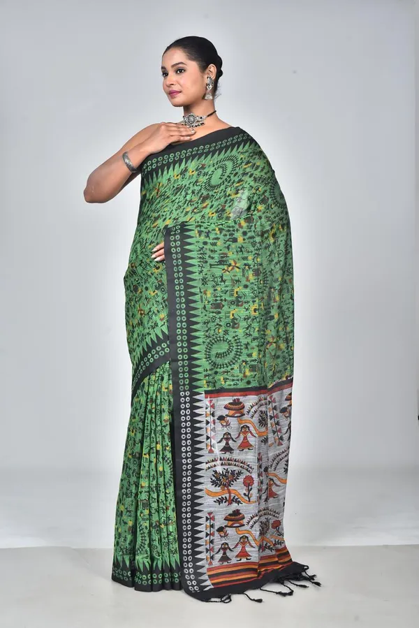 Premium_Green_Linen_Printed_Saree_with_Tribal_Art_Pallu