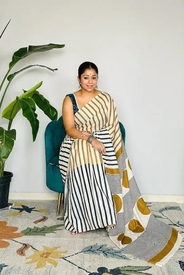 Black_&_Beige_Ajrakh_Modal_Satin_Silk_Saree_with_Folk_Animal_Motifs_|_Premium_Soft_Silk_Saree