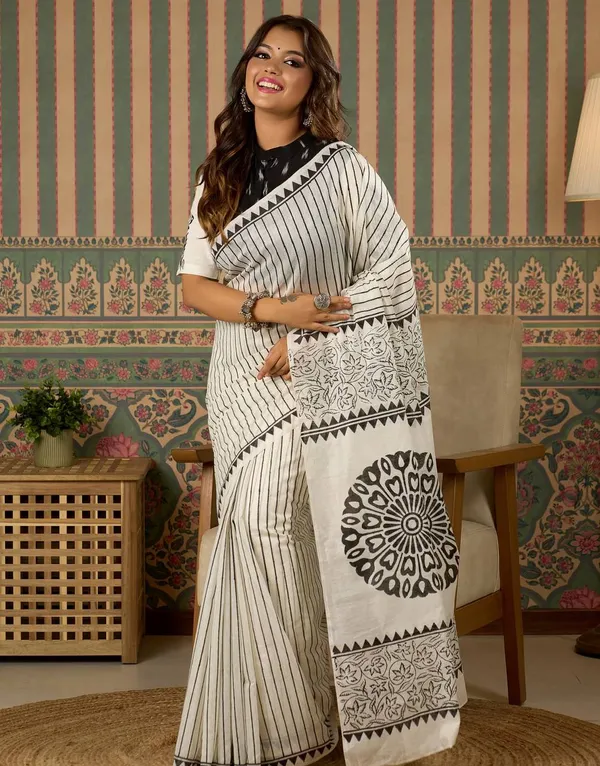 Linen_Printed_Saree_with_Black_Stripe_Design_&_Ethnic_Motif_Pallu