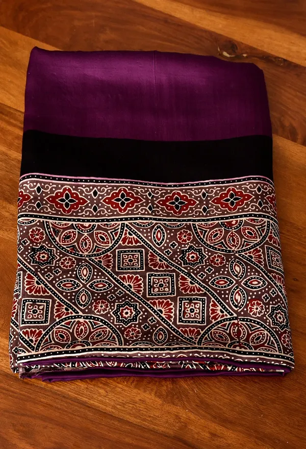 Wine_&_Black_Ajrakh_Printed_Modal_Silk_Saree_for_Women