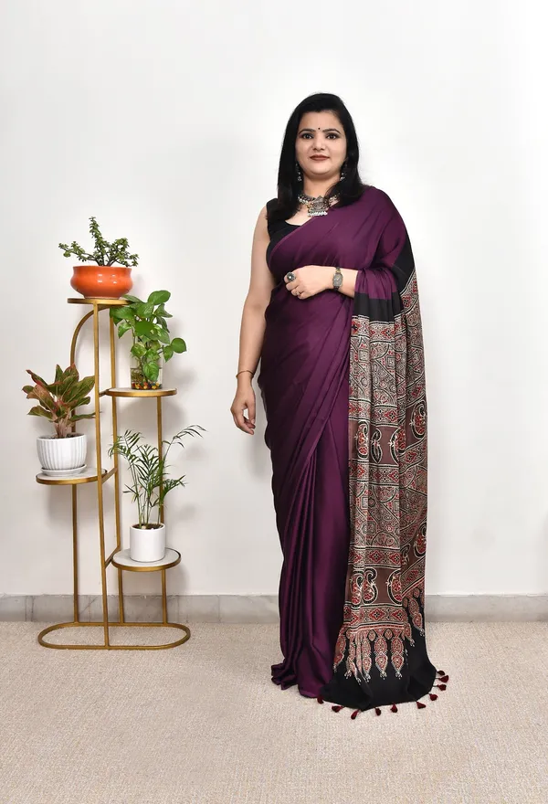 Wine_&_Black_Ajrakh_Printed_Modal_Silk_Saree_for_Women