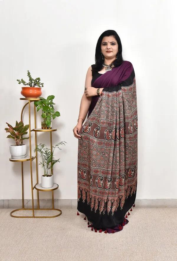 Wine_&_Black_Ajrakh_Printed_Modal_Silk_Saree_for_Women