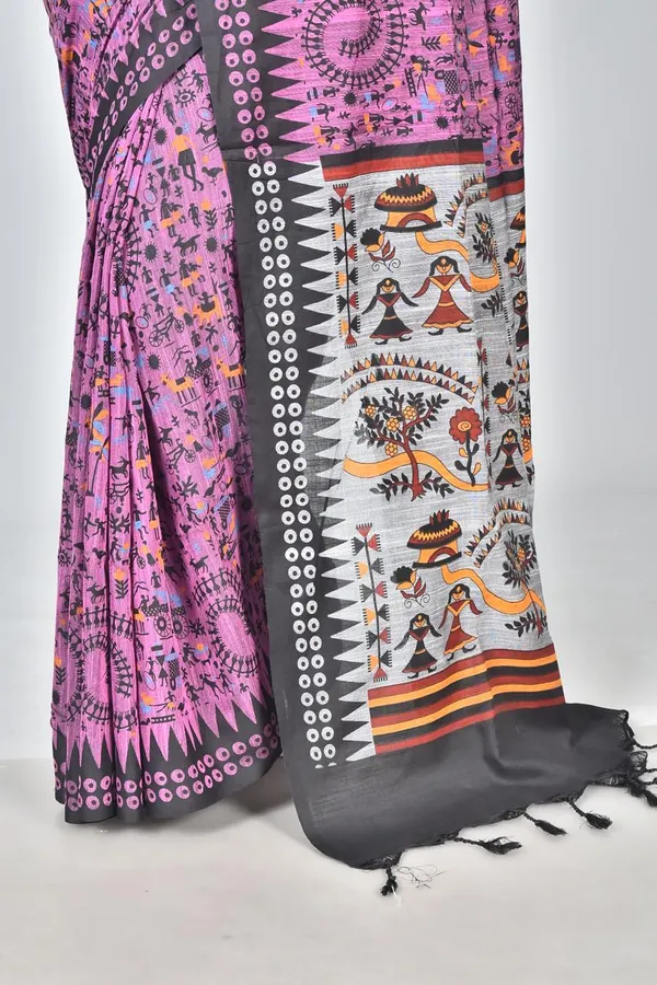 Designer_Pink_Linen_Printed_Saree_with_Tribal_Art_Pallu