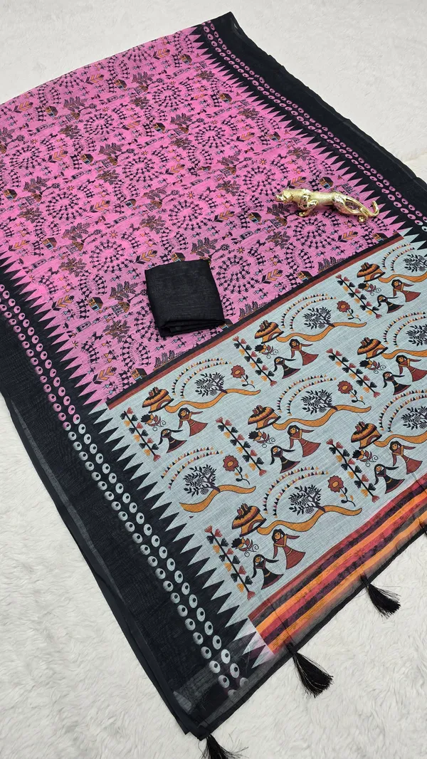 Designer_Pink_Linen_Printed_Saree_with_Tribal_Art_Pallu